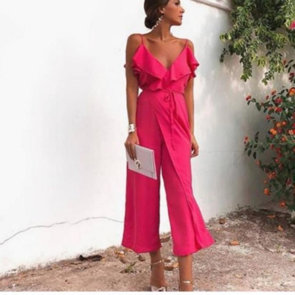 COPY - ZARA fushia ruffled off the shoulder wrapped jumpsuit